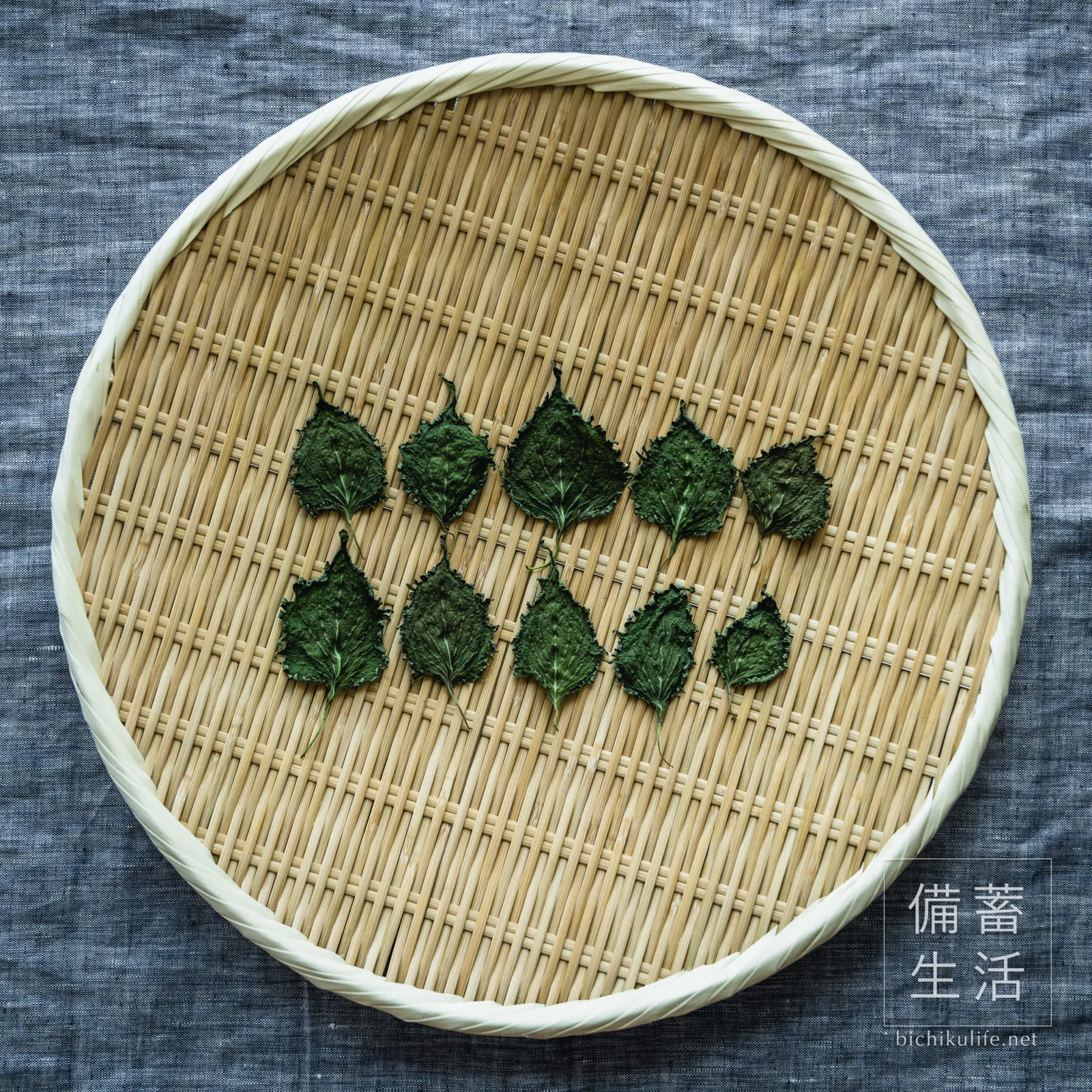ざるの上で干し上がった干し青じそ