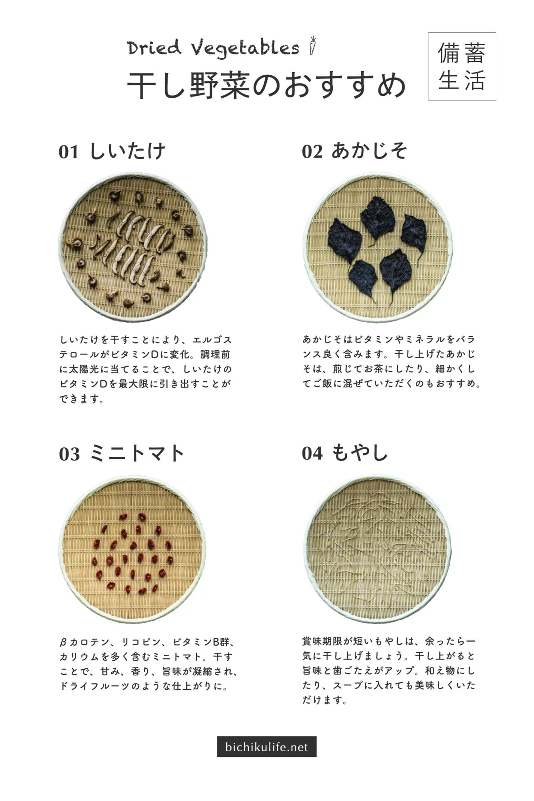 Recommended dried vegetables: shiitake, red shiso, cherry tomatoes and bean sprouts
