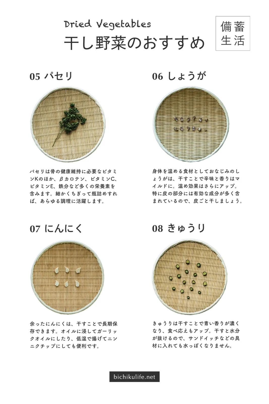 Recommended dried vegetables: parsley, ginger, garlic and cucumber