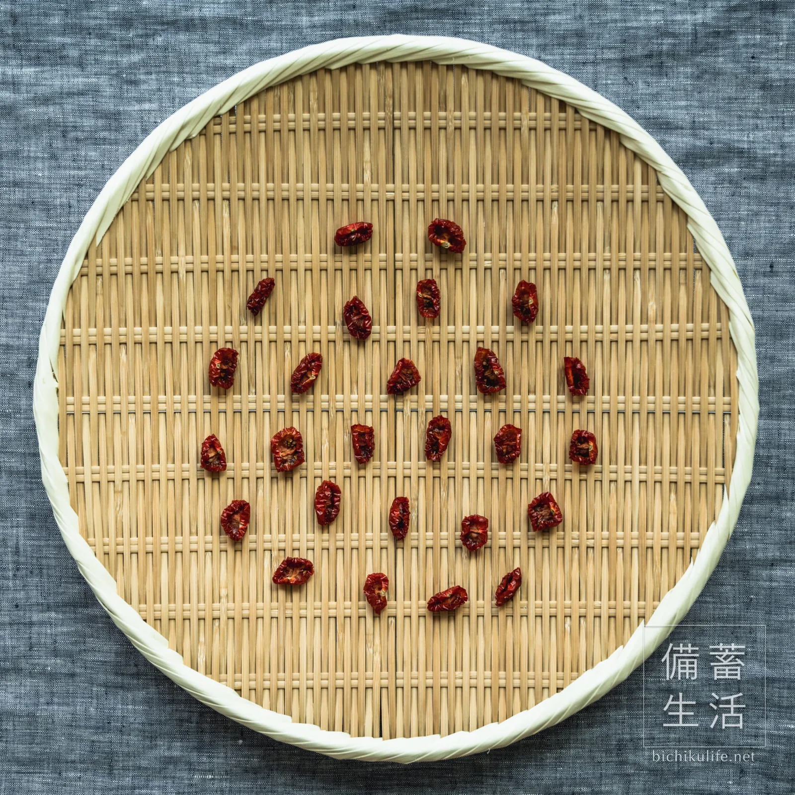 Dried cherry tomatoes on a bamboo basket