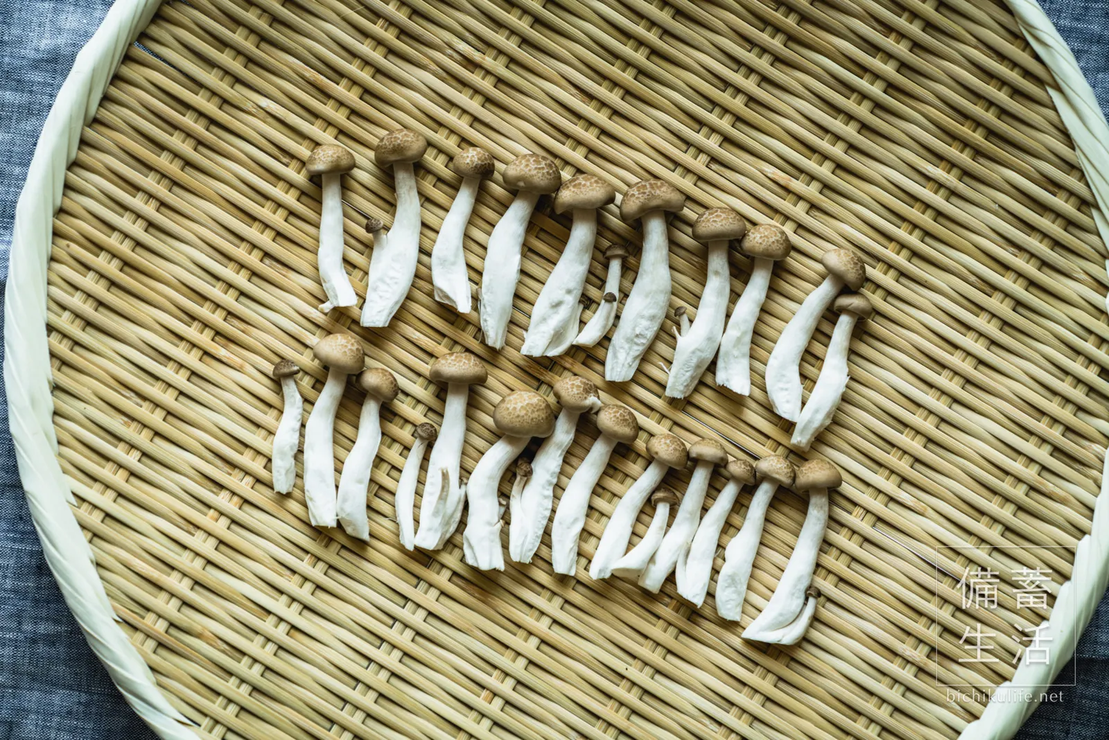 小房にほぐしてざるに並べた、干す前のしめじ