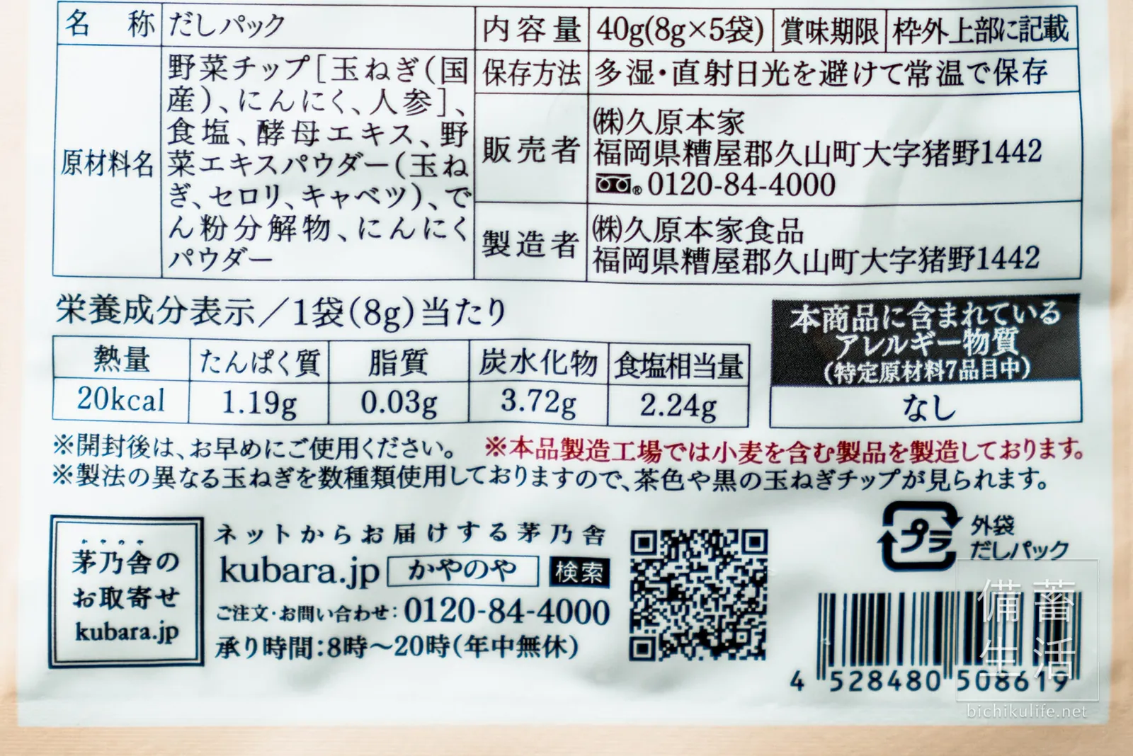 茅乃舎の野菜だしの原材料名と栄養成分の表示