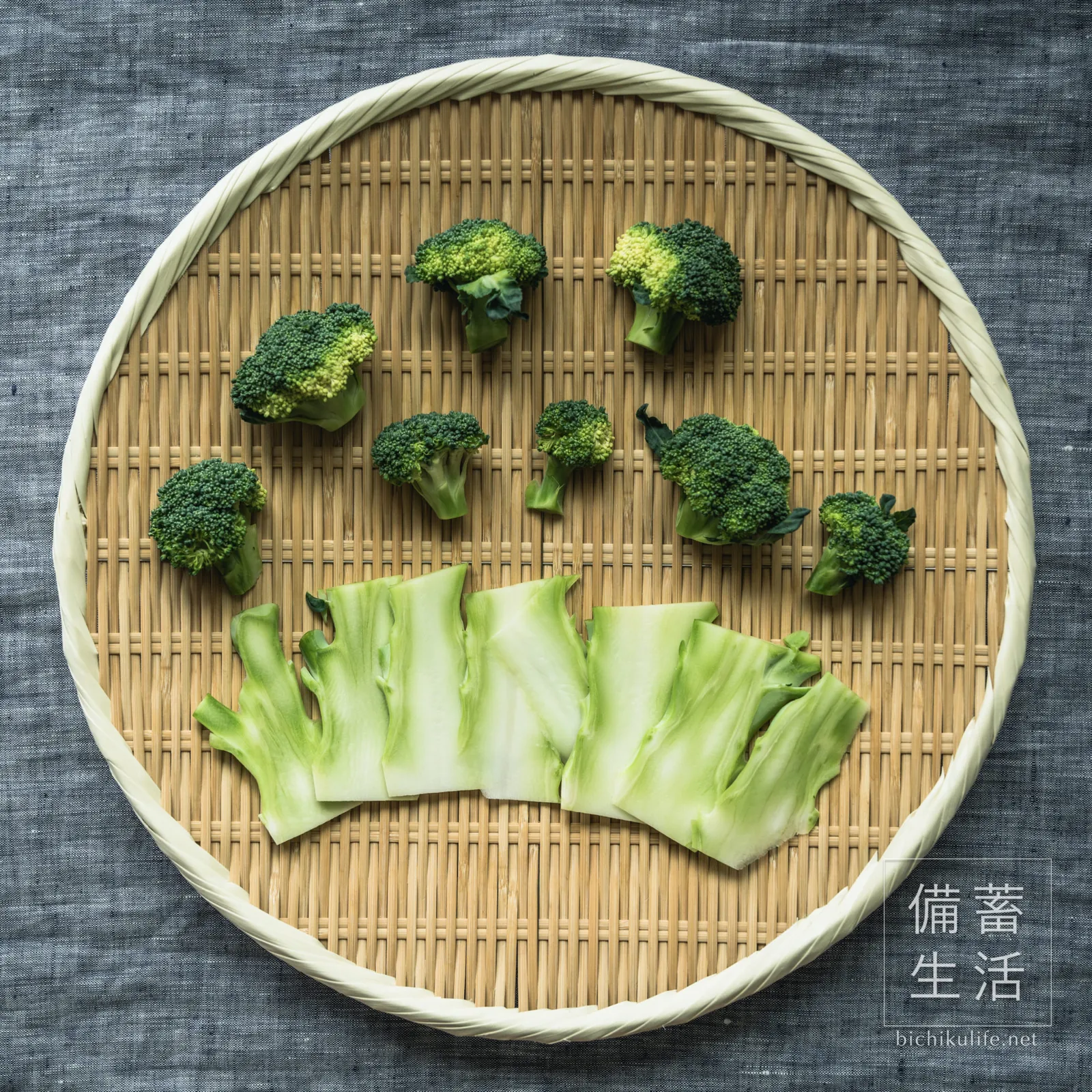 小房に分けた花蕾と、薄切りにした茎をざるに並べたブロッコリー