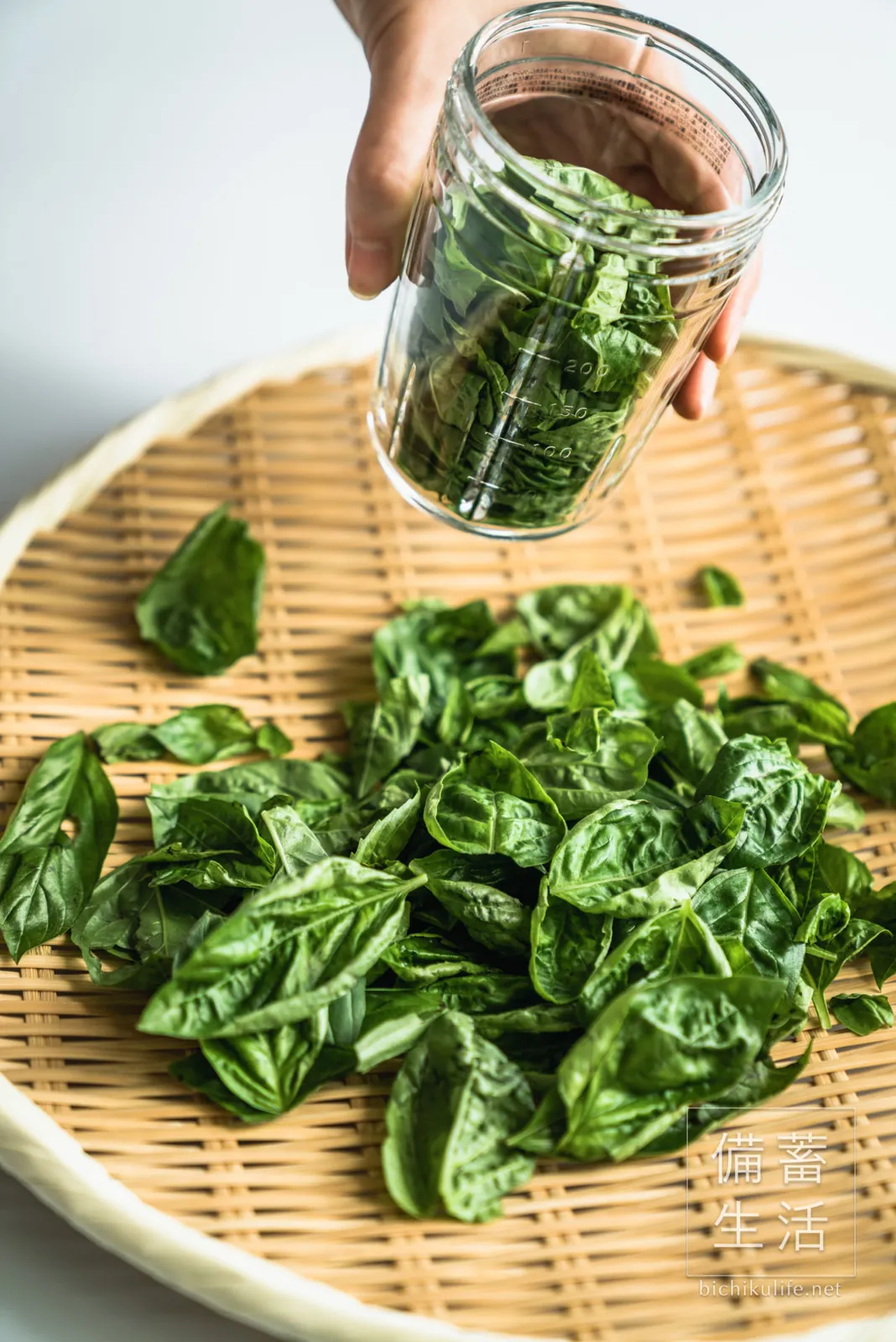 Putting basil, garlic, salt and olive oil into the mill