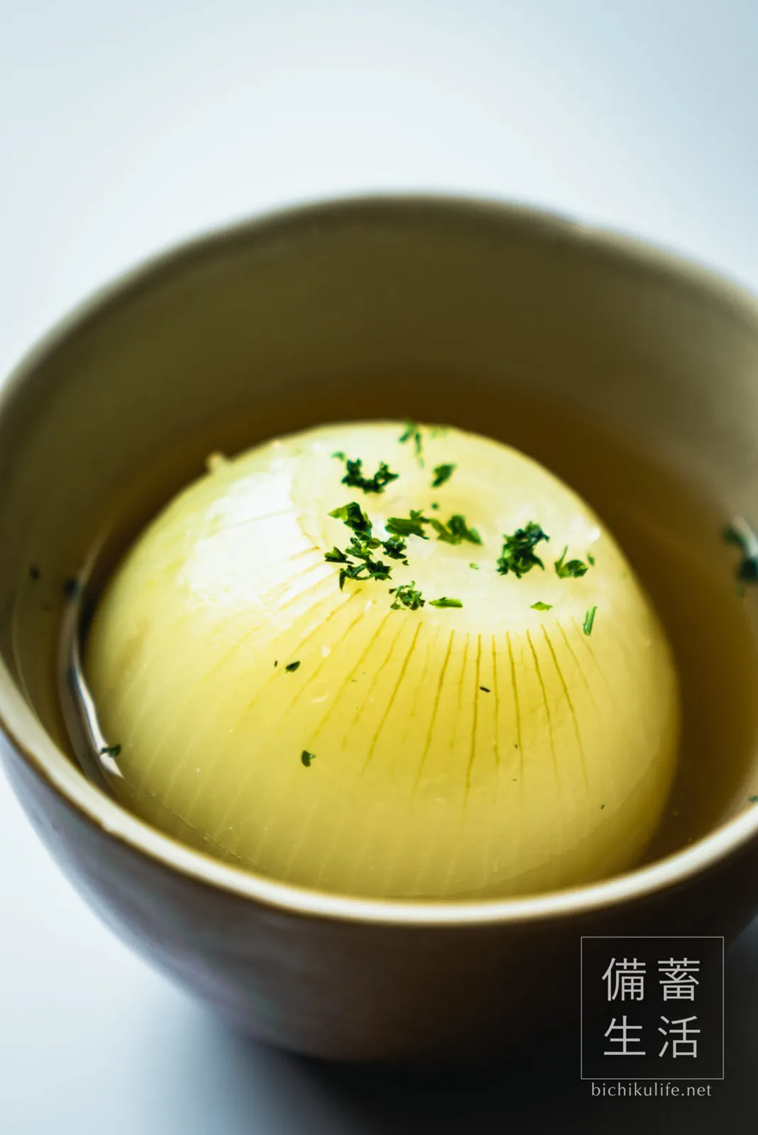 Whole Sapporo-ki onion soup in a bowl