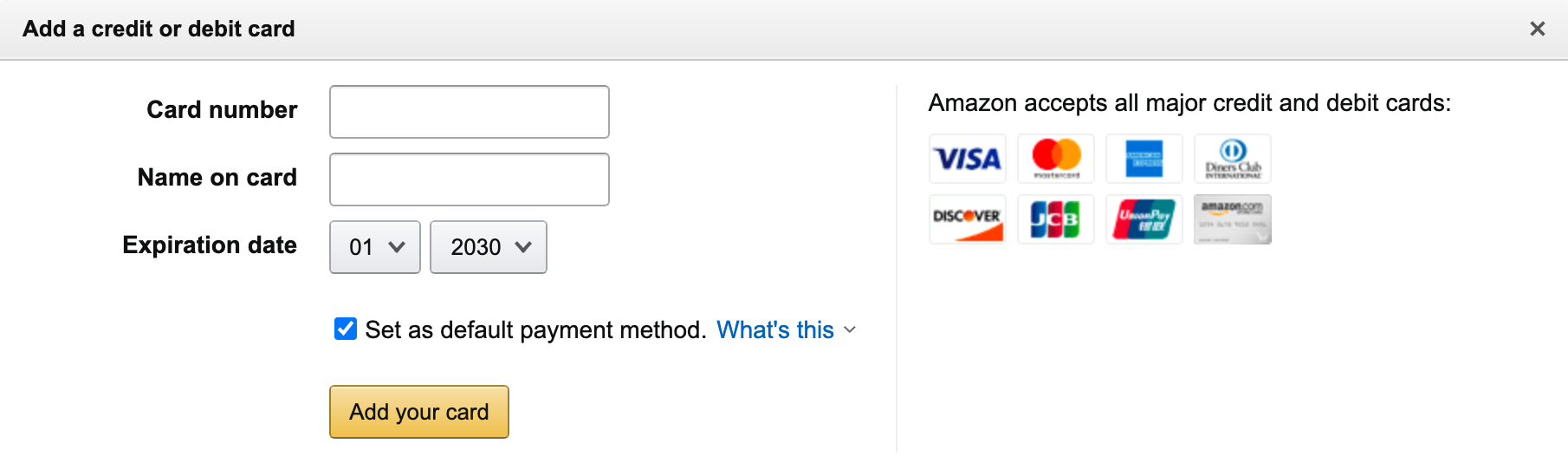 Amazon.com（アメリカ）の購入方法・個人輸入する方法 お支払い方法（クレジットカード）の登録